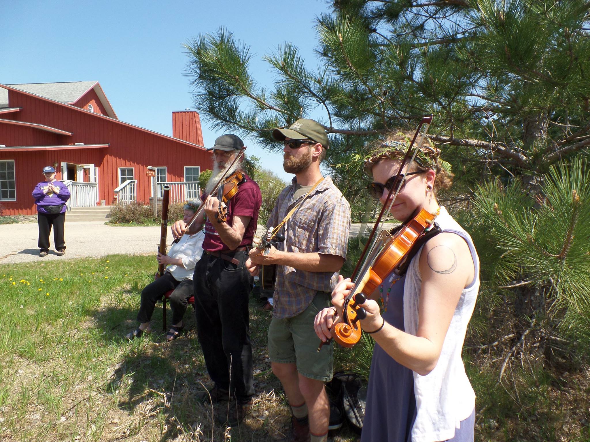 Two violinists, a guitarist, and a bassoonist play together outdoors in front of a tree.