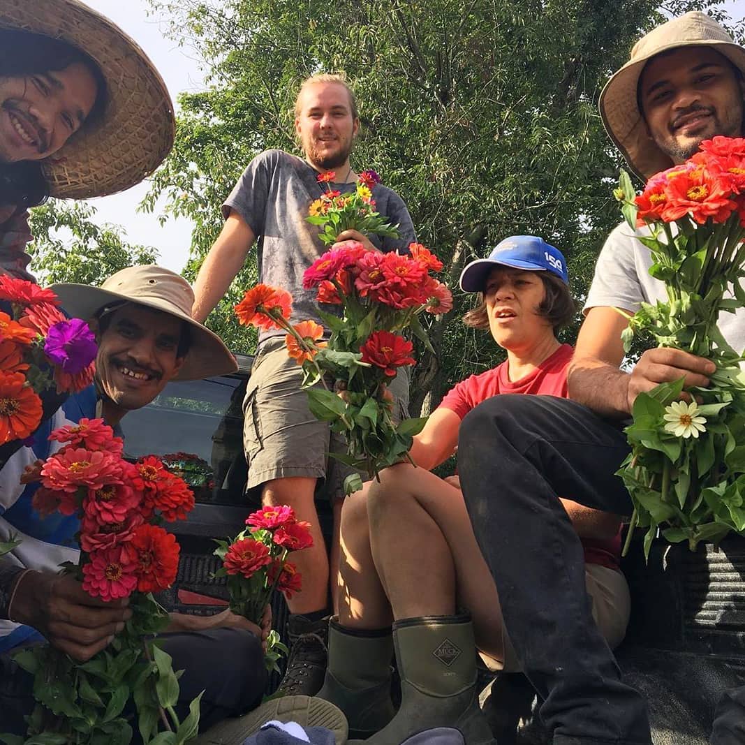 Five smiling people hold up bouquets of colorful flowers