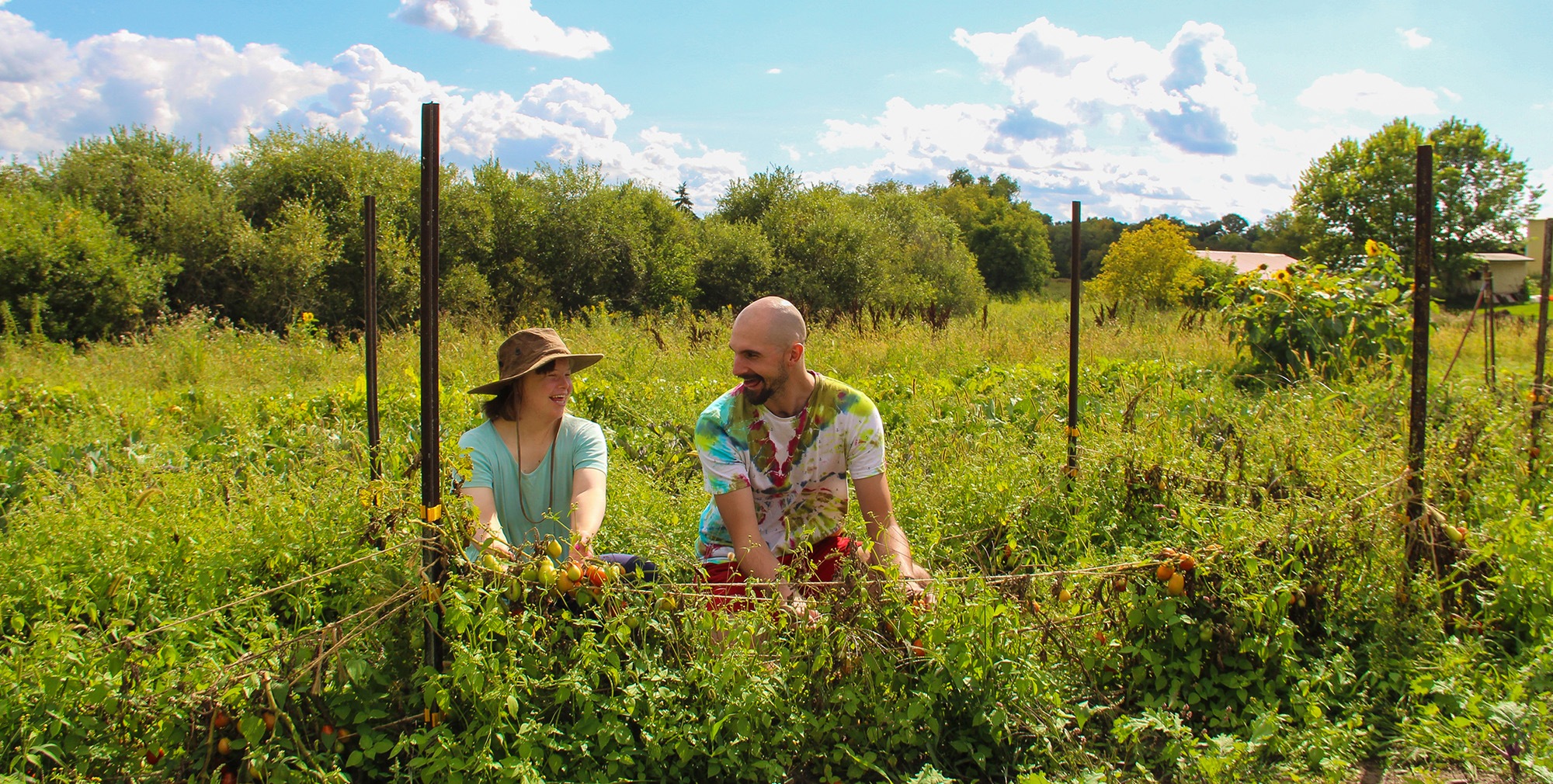 Two people working outdoors in a garden