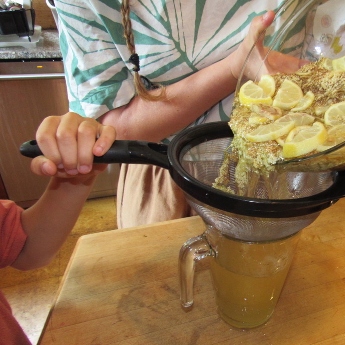 Straining elderflower blossoms and lemon slices after steeping