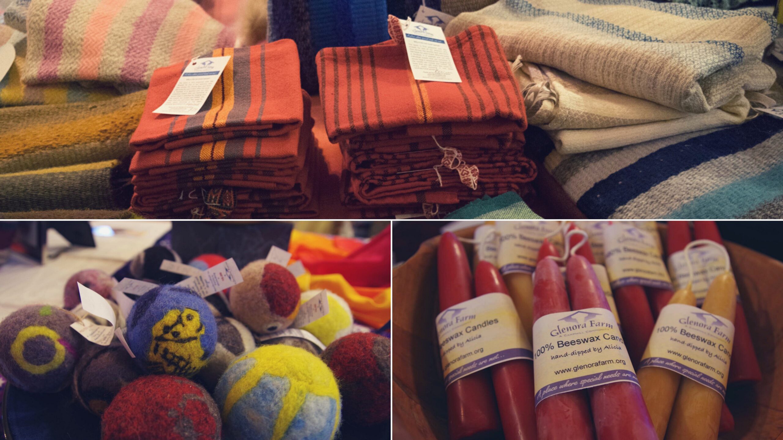 Handcrafted products from Glenora Farm: woven textiles, colorful felted balls, and beeswax candles.
