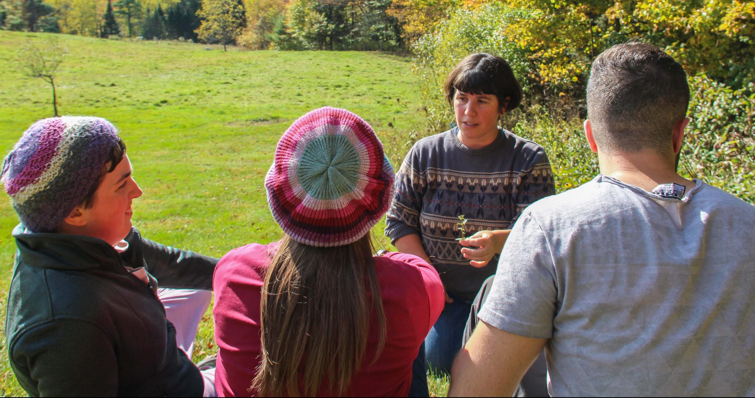 A woman stands outdoors demonstrating something with a small plant to three onlookers.