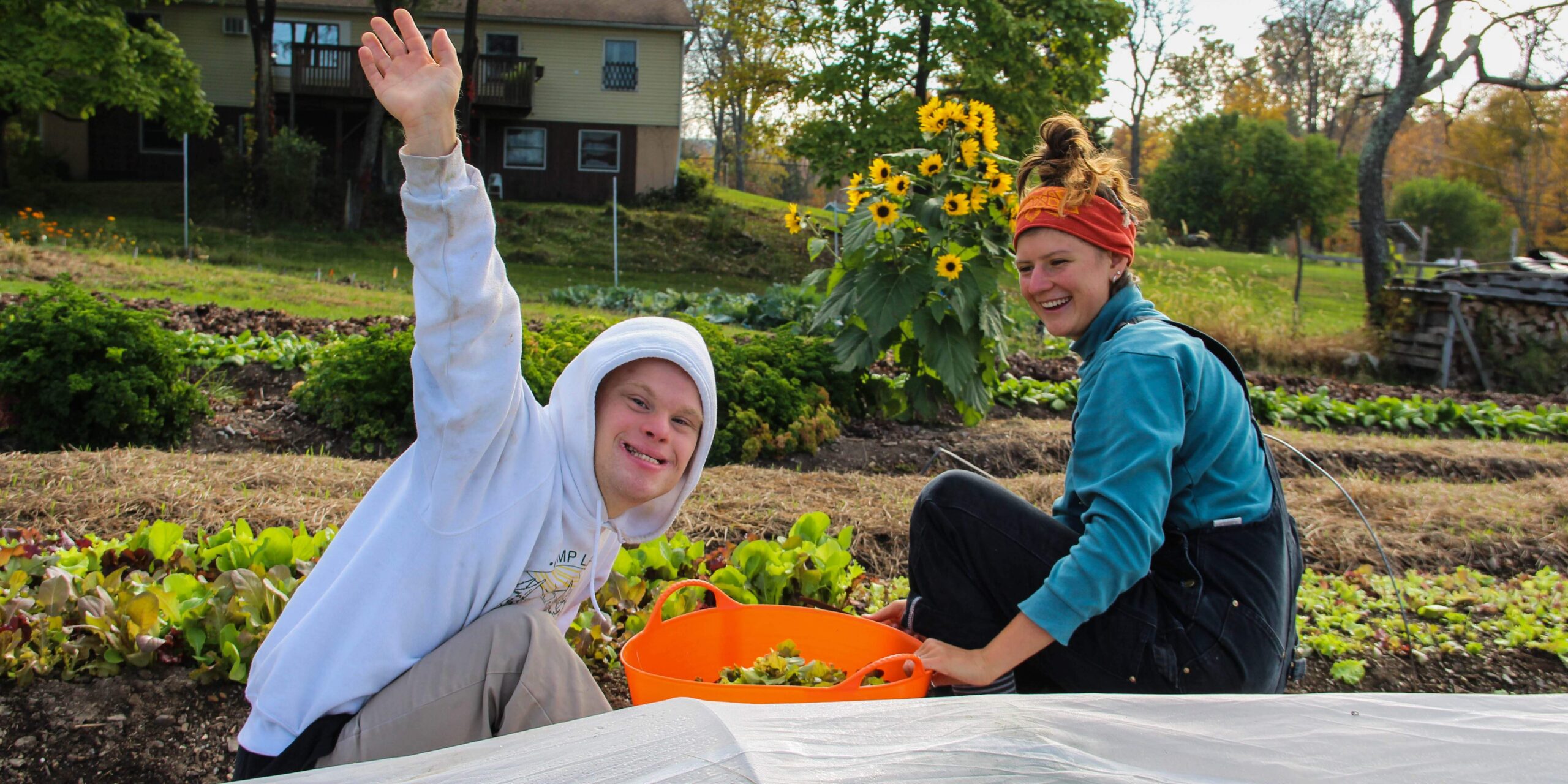 Two people working in a garden together. One laughs as the other turns and waves to the camera.