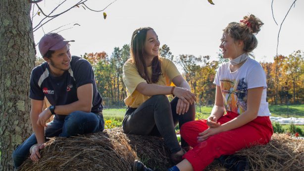 Three people sitting together outside on hay bales